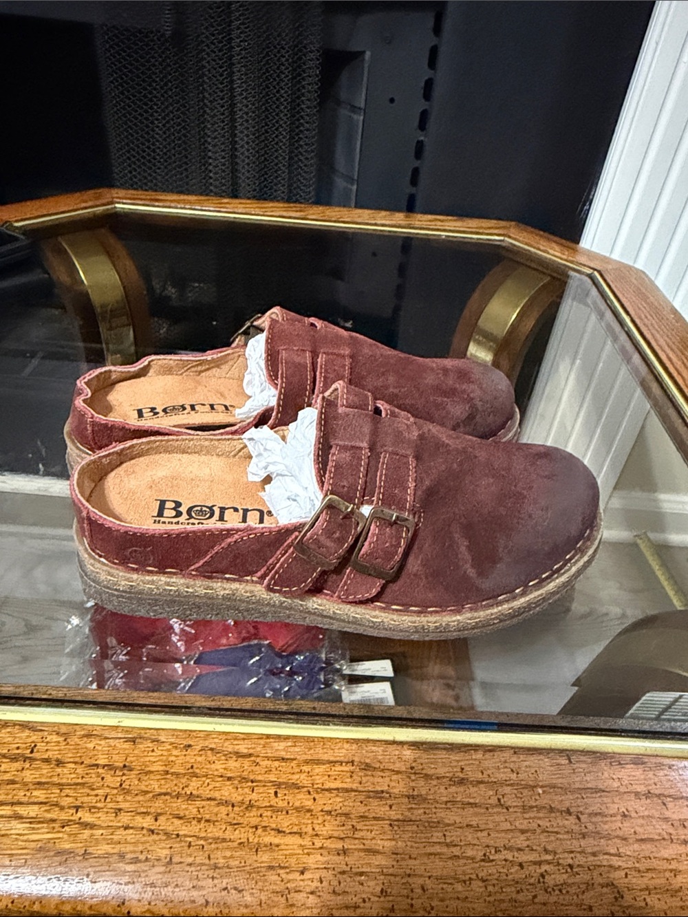 Born womens Burgundy Suede Double-Buckle Slip-Ons